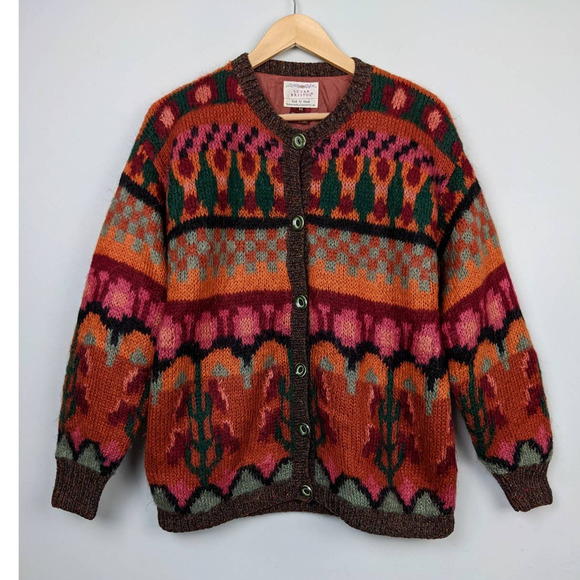 Vintage Sweaters - Vintage Hand-Knit Susan Bristol Cardigan Sweater 90s Wool Mohair Orange Print M
